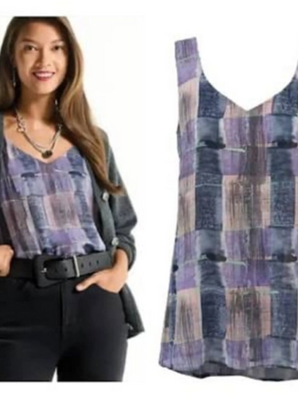 CAbi Style 4362 Lush Horizons camisole - size L, Lavender, navy, gray, and blue